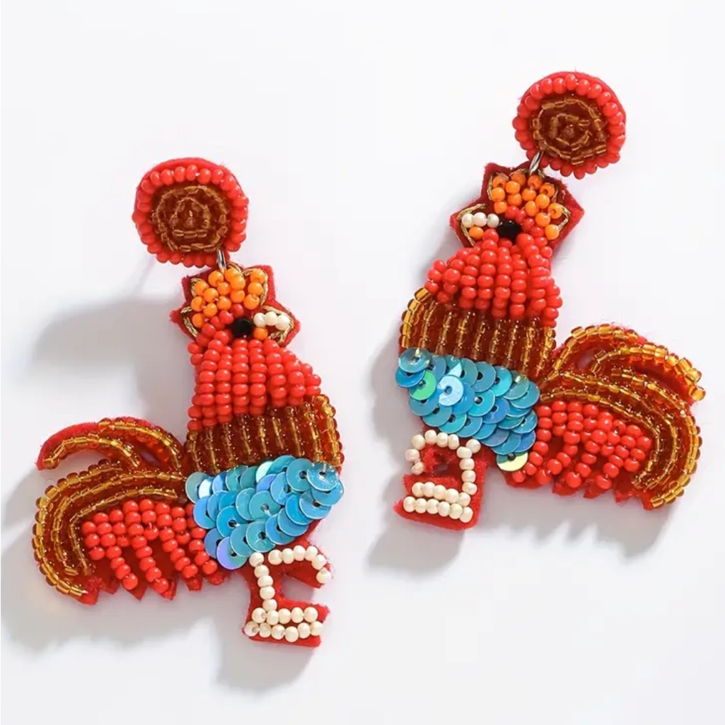 Red Beaded Rooster Dangle Earrings